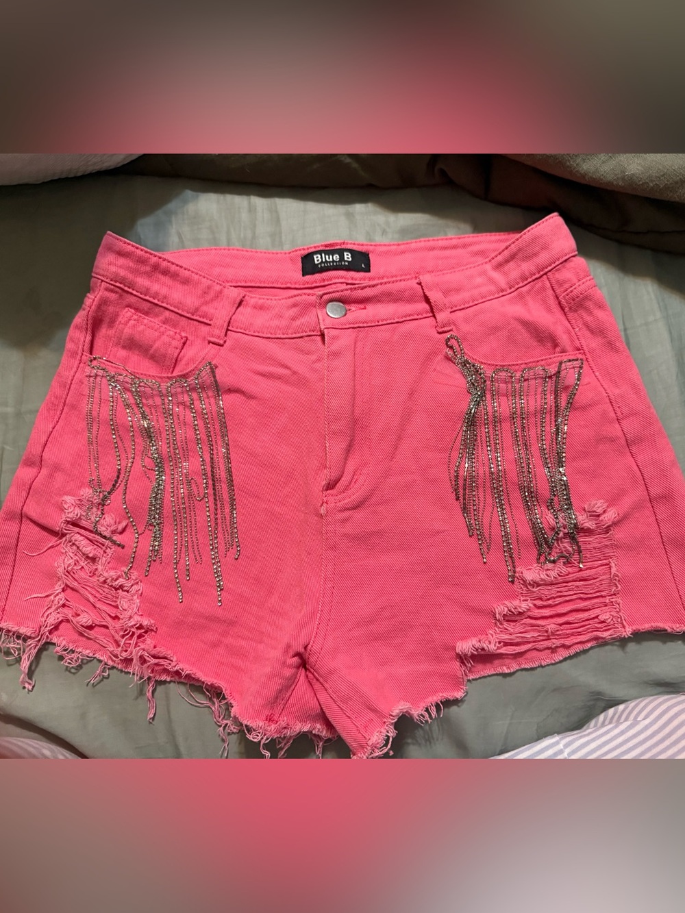 Pink Distressed Rhinestone Fringe Denim Shorts